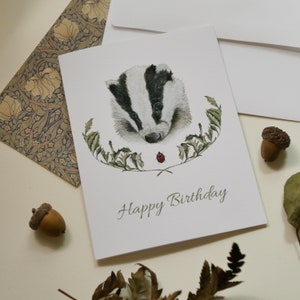 Badger Birthday Card, Cottagecore Birthday Card, Happy Birthday Card, Watercolor Ladybug