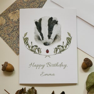Custom Badger Birthday Card: Watercolor Cottagecore Bday Card