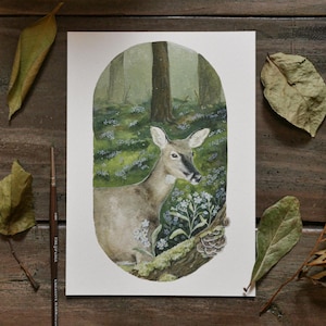 Forest Deer Watercolor Art Print, Size 5x7 8x10, Deer in Forest Illustration, Whimsical Artwork