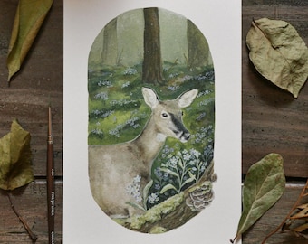 Impressão artística em aquarela de veado na floresta, tamanho 5x7 8x10, ilustração de veado na floresta, arte excêntrica