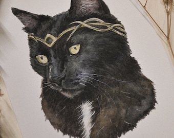 Magical Black Cat Art Print, Halloween Cat Art Print, Cute Cat Painting, Fine Art Print 5x7
