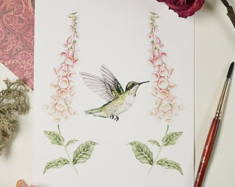 Kolibrie vingerhoedskruid Art Print | Vogel kunst aan de muur | Botanische afdruk