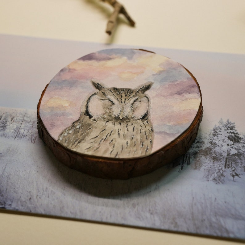 Northern White-Faced Owl Painting Owl Wood Slice Art Miniature Watercolor Owl Art Cloud Art image 8