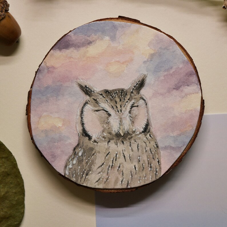Northern White-Faced Owl Painting Owl Wood Slice Art Miniature Watercolor Owl Art Cloud Art image 4