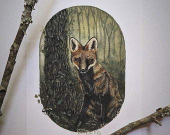 Räv i skogen 5x7 konsttryck | Akvarell skogskonst | Röd rävillustration | Nyckfull konst