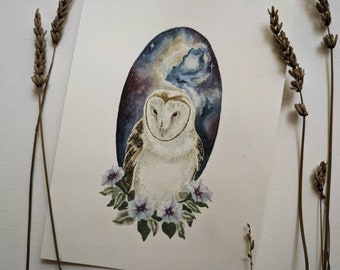 Original Barn Owl Galaxy Painting | Watercolor Wall Art