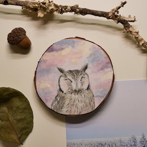 Northern White-Faced Owl Painting Owl Wood Slice Art Miniature Watercolor Owl Art Cloud Art image 1