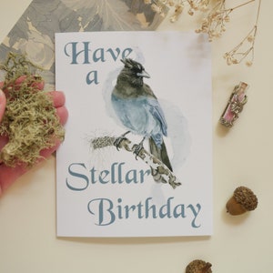 Stellar Birthday Card, Fantastical Birthday Cards, Stellar&#39;s Jay Art, Watercolor Bday Card