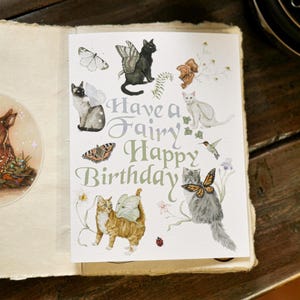 Carte d'anniversaire jeu de mots fée chat, cadeau chat magique, carte fée cottagecore, jeu de mots aquarelle