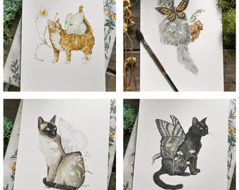 Fairy Cat 5x7 Art Print | Butterfly and Moth Cats | Watercolor Wall Art
