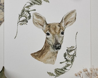 Deer and Ferns Art Print | 5x7 Watercolor Art Print | Fawn Wall Art | Woodland Animal Art