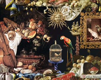 Tessuto di design &quot;Still Life&quot;, adatto per abbigliamento, gonne, giacche, tende, decorazioni. Dipinti di moda firmati.