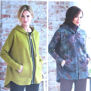 Könnte beinhalten: Ein Schnittmuster für eine Kapuzenjacke mit zwei verschiedenen Stilen. Der erste Stil ist eine einfarbige grüne Kapuzenjacke mit Reißverschluss. Der zweite Stil ist eine Kapuzenjacke mit Blumendruck und Reißverschluss. Das Schnittmuster ist von Butterick und in den Größen XS-S-M-L-XL-XXL erhältlich.