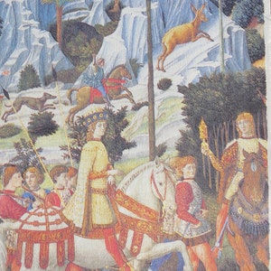 Könnte beinhalten: Ein Gemälde, das eine Jagdszene mit einer Gruppe von Personen zu Pferd in einer Waldlandschaft darstellt. Die Figuren sind in farbenfrohe Kleidung gekleidet und reiten weiße Pferde. Im Hintergrund ist ein Reh zu sehen, und in der Ferne befinden sich Bäume und Berge.