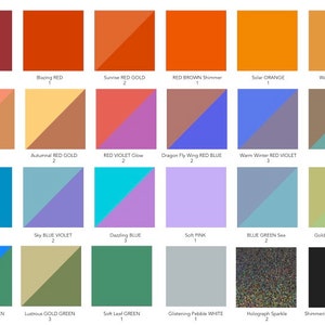 May include: A color palette featuring 21 squares, each showcasing a unique color. Colors range from Coral Violet to Shimmering Accented Black. Each square is labeled with the color name and a number.