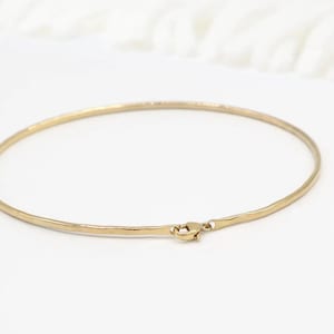 Può includere: Una delicata collana color oro con una texture martellata. La collana ha un design semplice ed elegante con chiusura a fermaglio. Il gioiello è esposto su sfondo bianco.