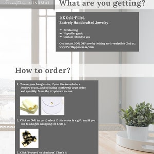 K&ouml;nnte beinhalten: Eine wei&szlig;e und graue Grafik mit dem Text "What are you getting?" und "How to order?" Die Grafik beschreibt den Prozess der Bestellung von handgefertigten Schmuck aus 14 Karat Gold. Der Schmuck wird als langlebig, hypoallergen und ma&szlig;gefertigt beschrieben. Die Grafik enth&auml;lt auch Bilder eines Poliertuchs, einer Schmucktasche und einer Geschenkverpackung.