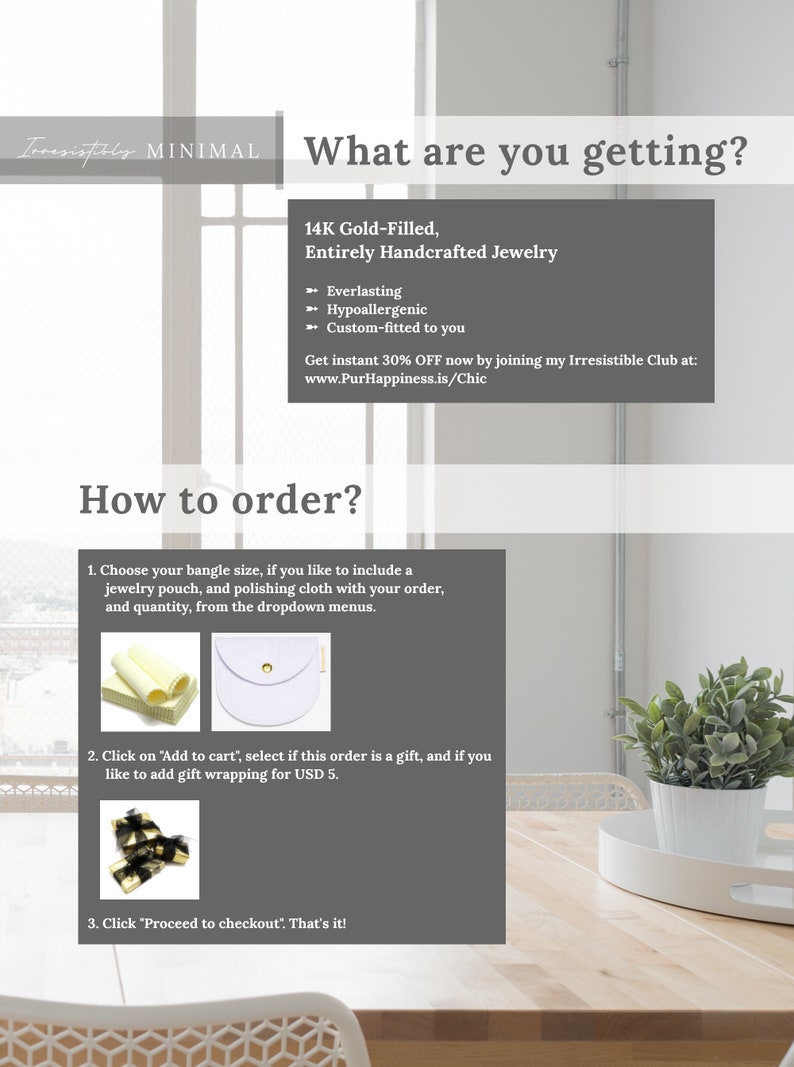 K&ouml;nnte beinhalten: Eine wei&szlig;e und graue Grafik mit dem Text "What are you getting?" und "How to order?" Die Grafik beschreibt den Prozess der Bestellung von handgefertigten Schmuck aus 14 Karat Gold. Der Schmuck wird als langlebig, hypoallergen und ma&szlig;gefertigt beschrieben. Die Grafik enth&auml;lt auch Bilder eines Poliertuchs, einer Schmucktasche und einer Geschenkverpackung.