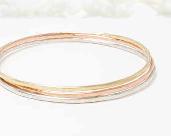 Thin Gold Hammered Bangle Set Of 3, Minimalist Bangle Bracelet, Dainty Stacking Bangles, Gold Filled Bangles For Women | Celebration Bangle