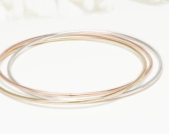 Fin 3 anneaux entrelacés en or, or rose et argent, 3 cercles, Bracelet en or pour femme, Bracelets minimalistes | Bracelets de fête