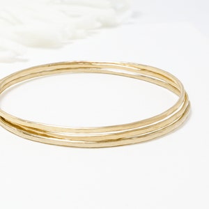 Thin Gold Hammered Bangle Set Of 3, Minimalist Bangle Bracelet, Dainty Stacking Bangles, Gold Filled Bangles For Women | Celebration Bangle