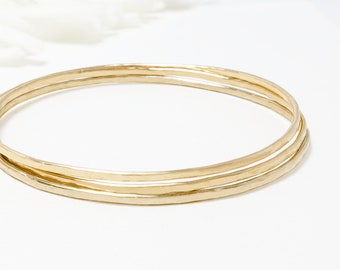 Thin Gold Hammered Bangle Set Of 3, Minimalist Bangle Bracelet, Dainty Stacking Bangles, Gold Filled Bangles For Women | Celebration Bangle