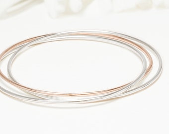 Thin Rose Gold and Silver 3 Interlocking Bangle, 3 Circle Bangle, Gold Bangle For Women, Minimalist Bracelets | Celebration Bangles