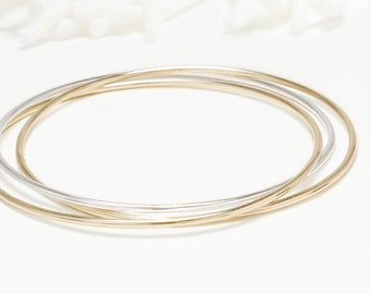 Thin Gold and Silver 3 Interlocking Bangle, 3 Circle Bangle, Gold Bangle For Women, Minimalist Bracelets | Celebration Bangles