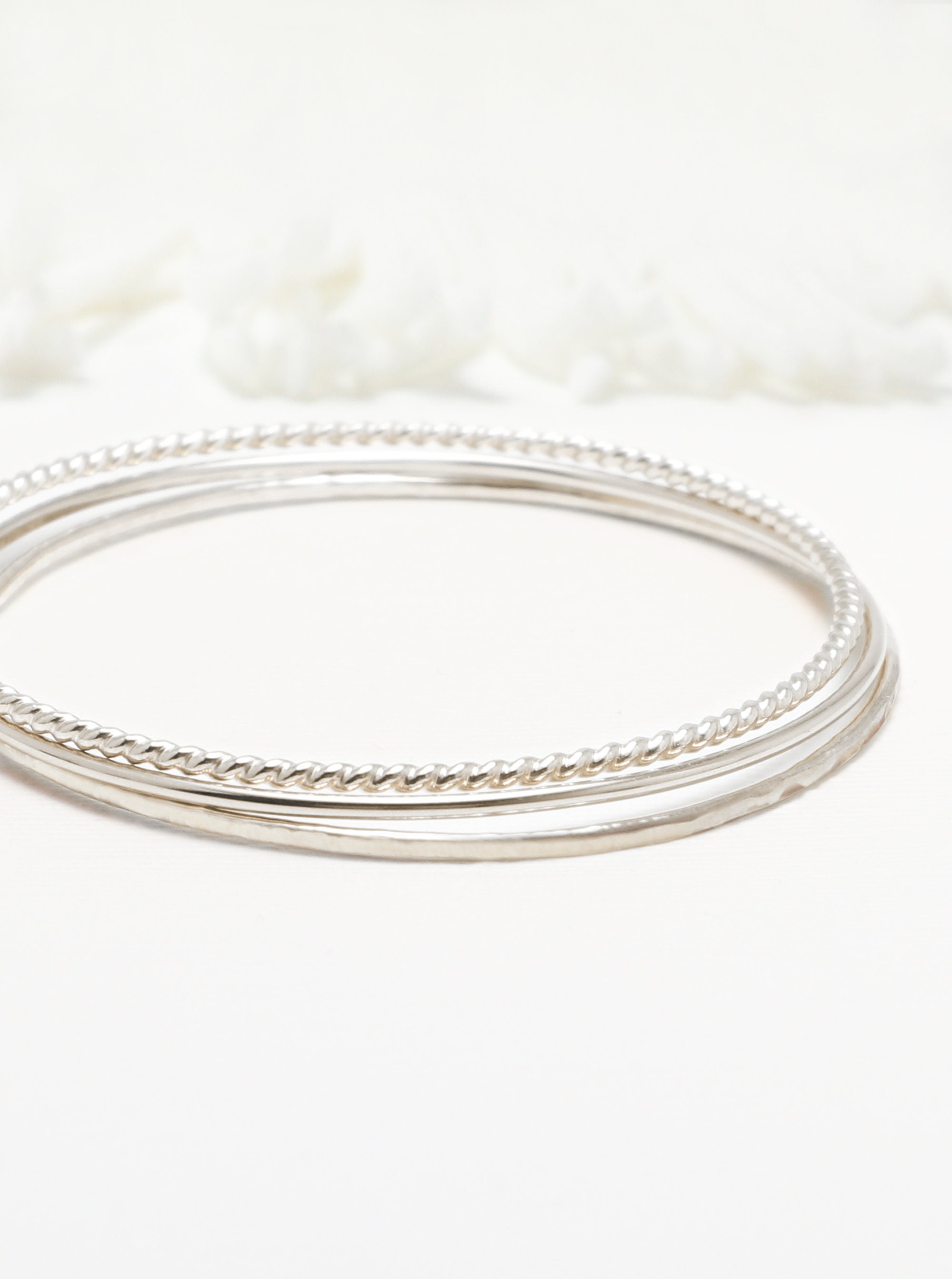 Thin Sterling Silver Bangle Bracelet, Set of 3, Minimalist