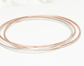 Thin Rose Gold and Silver 3 Interlocking Bangle, 3 Circle Bangle, Gold Bangle For Women, Minimalist Bracelets | Celebration Bangles