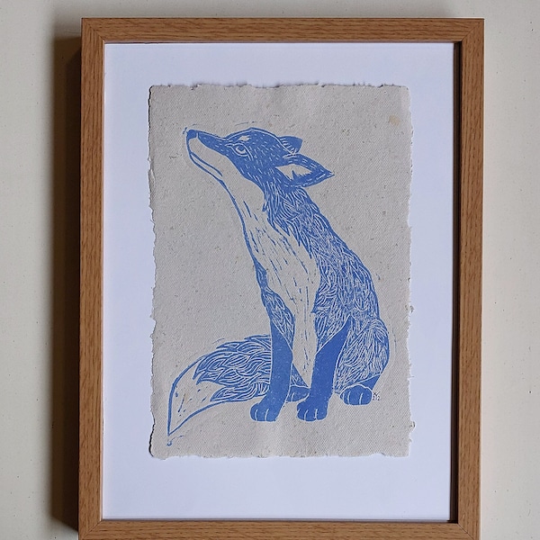 Unikat! Linoldruck "Fox" Handgeschöpftes Papier A4