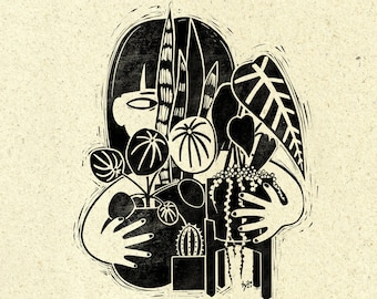 Postkarte Kunstdruck "Talking To Plants" Linocut A6, A5, A4, 20x20cm