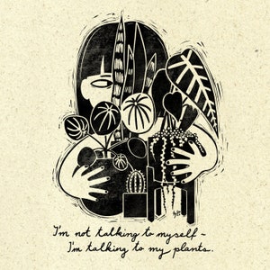 Postkarte Kunstdruck "Talking To Plants" Linocut A6, A5, A4, 20x20cm