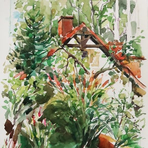 Oeuvre originale signée, paysage aquarelle, chalet, maison dans la forêt, village polonais, paysage d'été, aquarelle de petite taille.