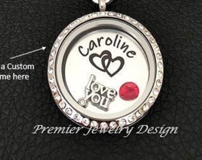 Floating Locket Charm and Birthstone Custom Name Floating Locket with Hearts