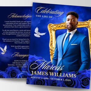 8.5&quot;x11&quot; Royal Blue Gold Funeral Program, 17&quot;x11&quot; Memorial Program Tabloid, 8 Pages, Elegant Obituary Program BOOKLET, Celebration of Life