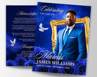 May include: A blue and gold funeral announcement card with a photo of a man in a blue suit. The card reads "Celebrating the Life of Marcas James Williams August 5, 1989 - October 5, 2025".