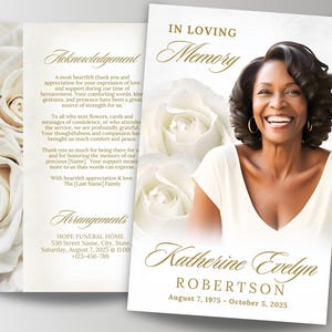 Elegant Obituary Program Booklet, 8.5&quot;x11&quot; White Roses Funeral Program Template, 8 Pages, Classic Celebration of Life Brochure, Canva
