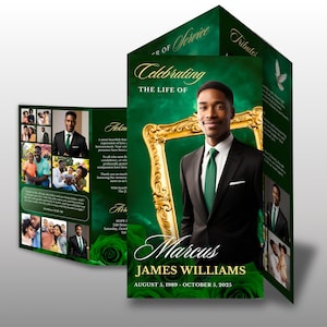 May include: A tri-fold memorial program with a green and gold color scheme. The cover features a photo of a man in a black suit and green tie, with the text "Celebrating The Life Of Marcus James Williams." Additional photos and text are inside.