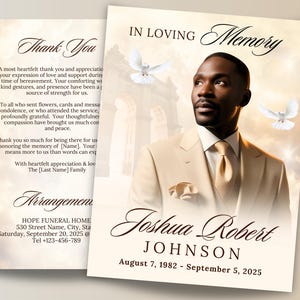 Könnte beinhalten: Eine Gedenkkarte mit einem Foto eines Mannes im Anzug vor einem bewölkten Himmel mit Tauben. Der Text lautet "In liebevoller Erinnerung Joshua Robert Johnson 7. August 1982 - 5. September 2025".