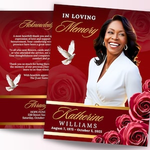 8 Pages Red Roses Memorial Program, 17&quot; x 11&quot; Funeral Program Template, 8.5&quot;x11&quot; Bi-Fold, In Loving Memory, Celebration of Life, Canva