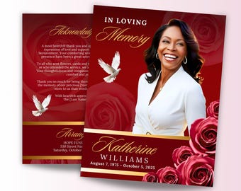 8 Pages Red Roses Memorial Program, 17" x 11" Funeral Program Template, 8.5"x11" Bi-Fold, In Loving Memory, Celebration of Life, Canva