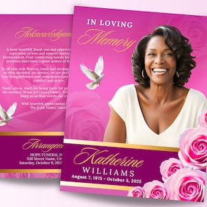 8 Pages Pink Roses Memorial Program, 17&quot; x 11&quot; Funeral Program Template, 8.5&quot;x11&quot; Bi-Fold, In Loving Memory, Celebration of Life, Canva