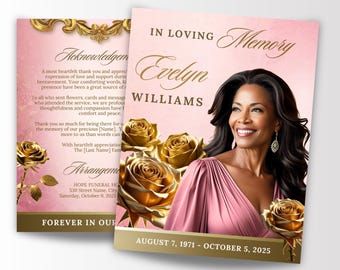 8 Page Rose Gold Funeral Program Template, 17" x 11" Memorial Template, In Loving Memory, Obituary Program, Celebration of Life, Canva