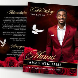 8-Page Red & Gold Funeral Memorial Template, 17x11 Obituary Program, Bi-Fold Funeral Program, In Loving Memory, Celebration of Life, Canva