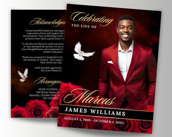 8-Page Red & Gold Funeral Memorial Template, 17x11 Obituary Program, Bi-Fold Funeral Program, In Loving Memory, Celebration of Life, Canva