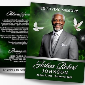 8 Page Green Silver Funeral Memorial Template, 8.5&quot;x11&quot; Classic Obituary Program, Bi-Fold Funeral Program, Celebration of Life, Canva Flyer