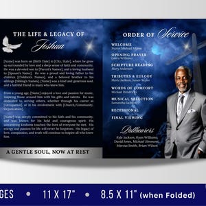 May include: A blue and white funeral program with a photo of a man in a suit. The program includes the order of service, tributes, and a biography of the deceased. The program is 8.5 inches by 11 inches when folded.