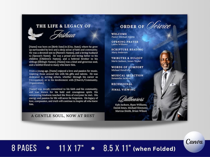 May include: A blue and white funeral program with a photo of a man in a suit. The program includes the order of service, tributes, and a biography of the deceased. The program is 8.5 inches by 11 inches when folded.