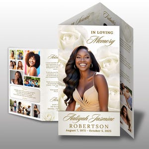 White Roses Funeral Program Trifold, Classic Obituary, Memorial Template White Beige, Celebration of Life Brochure, Flyer, Canva Template